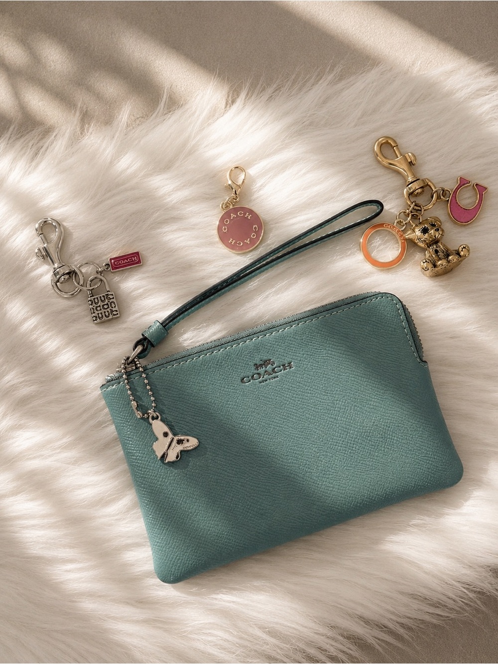 Authentic Dusty Blue Coach Wristlet/Wallet & Authentic Repurposed Charms